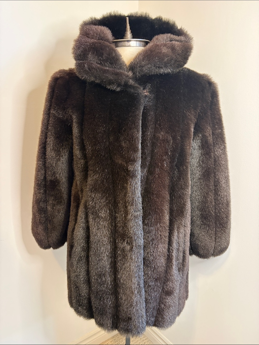 🇨🇦TRADITION Vintage Faux Fur Winter Coat Dark Brown Old Money Luxury SIZE 8